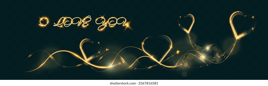 Golden glowing heart shapes, light trails, and "I love you" text in a sparkling calligraphy style on a dark background. Romantic Valentine’s Day design elements with elegant shiny effects and bokeh.