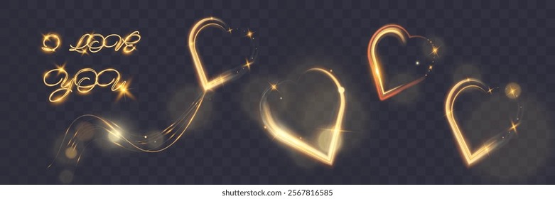 Golden glowing heart shapes, light trails, and "I love you" text in a sparkling calligraphy style on a dark background. Romantic Valentine’s Day design elements with elegant shiny effects and bokeh.