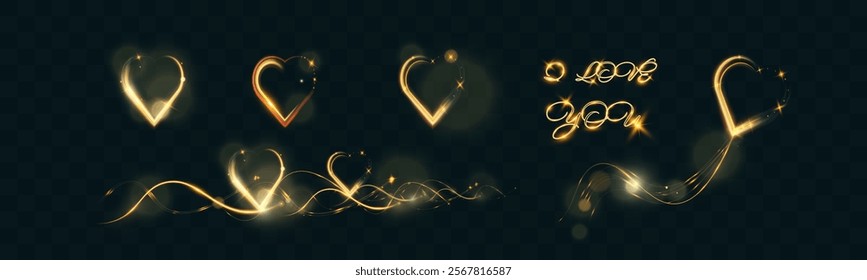 Golden glowing heart shapes, light trails, and "I love you" text in a sparkling calligraphy style on a dark background. Romantic Valentine’s Day design elements with elegant shiny effects and bokeh.