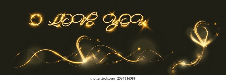 Golden glowing heart shapes, light trails, and "I love you" text in a sparkling calligraphy style on a dark background. Romantic Valentine’s Day design elements with elegant shiny effects and bokeh.