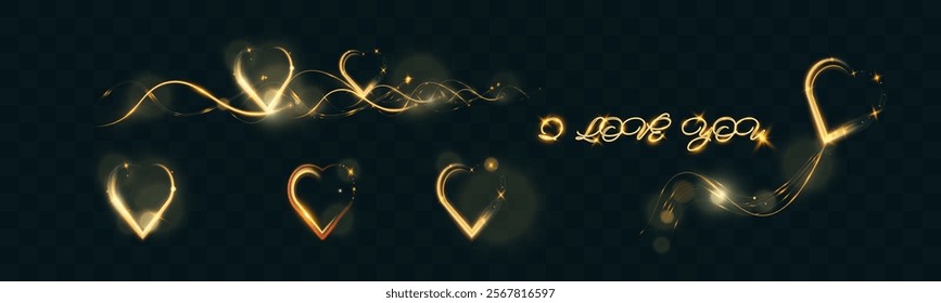 Golden glowing heart shapes, light trails, and "I love you" text in a sparkling calligraphy style on a dark background. Romantic Valentine’s Day design elements with elegant shiny effects and bokeh.