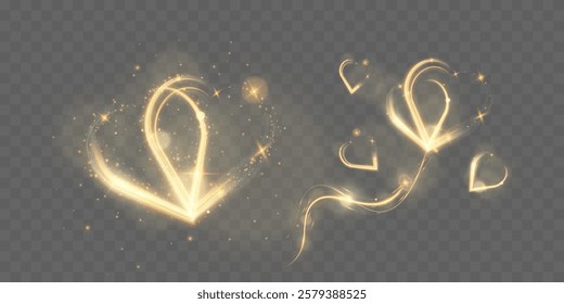 Golden glowing heart shapes, light trails, and "I love you" text in a sparkling calligraphy style on a dark background. Romantic Valentine’s Day design elements with elegant shiny effects and bokeh.	