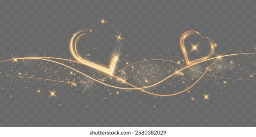 Golden glowing heart shapes, light trails in a dark background. Romantic Valentine’s Day design elements with elegant shiny effects and bokeh.