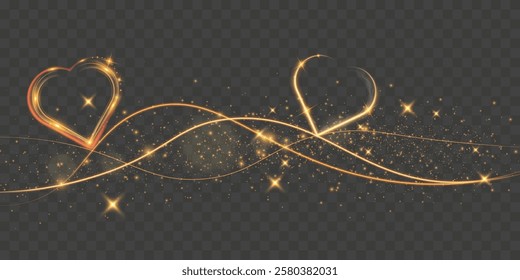 Golden glowing heart shapes, light trails in a dark background. Romantic Valentine’s Day design elements with elegant shiny effects and bokeh.