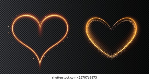 Golden glowing heart with sparkling lights on a transparent background. Perfect for holiday designs, greeting cards, and romantic banners.