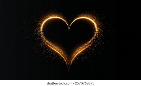 Golden glowing heart with sparkling lights on a transparent background. Perfect for holiday designs, greeting cards, and romantic banners.