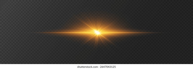 Golden glowing light burst with shining rays and lens flare. On transparent background