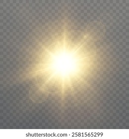 Golden glowing light effect with glare and glitter. Solar flare. Glow effect. Starry flares with twinkling light. Beautiful twinkling glare light effect. Vector 10 EPS