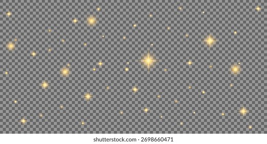 Efecto de luz brillante dorado con partículas de brillo y destellos de lente sobre un fondo transparente. El Vector bokeh brillante le da un brillo mágico y festivo, perfecto para decoraciones y diseños navideños.