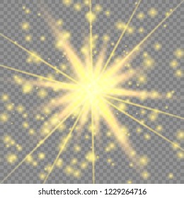 Golden glowing light effect isolated on transparent background. Sun flash with rays and spotlight. Glow light effect. Star burst with sparkles. Vector illustration