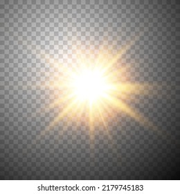 Golden glowing light effect isolated on transparent background. Solar flare with beams and spotlight. Glow effect. Starburst with sparkles.
