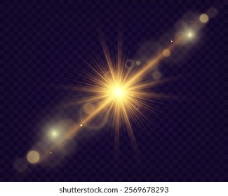 Golden glowing light effect with radiant beams, lens flares, and bokeh highlights on a transparent background, ideal for overlays and design decoration.