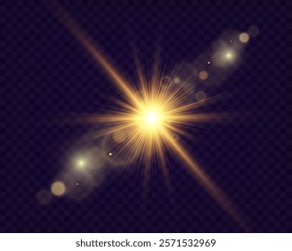 Golden glowing light effect with radiant beams, lens flares, and bokeh highlights on a transparent background, ideal for overlays and design decoration.