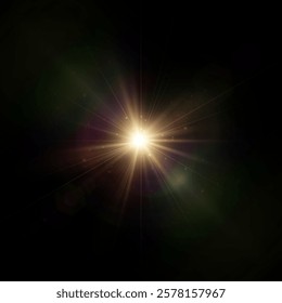 Golden glowing light effect. Sunny bright flare. Glow effect. Starry flares with shimmering glare. Beautiful shimmering glare light effect. Vector 10 EPS