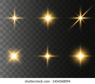 Golden glowing light explodes on transparent background. Glittering magic dust particles. Bright Star. Transparent shining sun, bright flash. Vector sparkles. In the center of a bright flash.