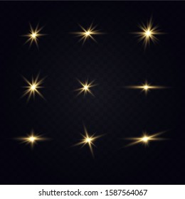Golden glowing light explodes on a transparent background. with a beam. Transparent shining sun, bright flash. Special lens flare effect.