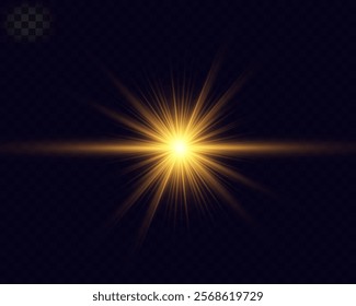 Golden glowing light explosion with radiant beams and lens flare on a transparent dark background. Perfect for abstract, festive, and digital designs.