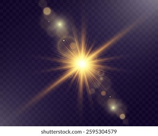 Golden glowing light explosion with radiant beams and lens flare on a transparent dark background. Perfect for abstract, festive, and digital designs.