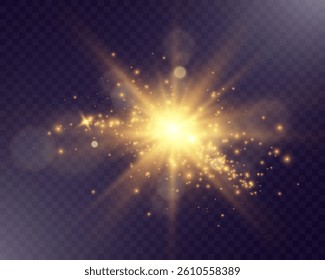 Golden glowing light explosion with radiant beams and lens flare on a transparent dark background. Perfect for abstract, festive, and digital designs.