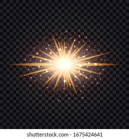 Golden glowing light flash effect isolated. Sun shining flare with glittering sparkles and dust particles. Vector illustration