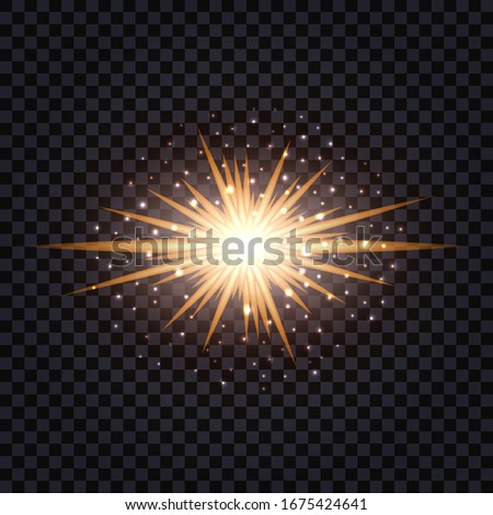 Golden glowing light flash effect isolated. Sun shining flare with glittering sparkles and dust particles. Vector illustration