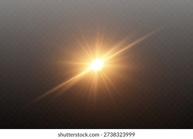 Golden glowing light source radiating bright starburst sun effect with optical lens flare