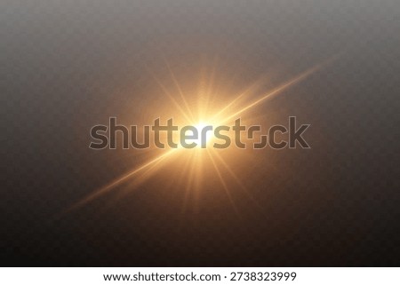 Golden glowing light source radiating bright starburst sun effect with optical lens flare