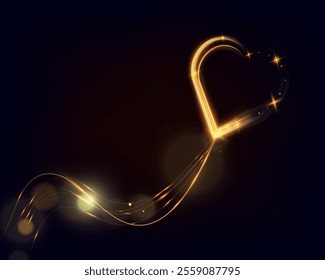 Golden glowing light trail forming a heart shape with sparkles and smooth curves on dark background, symbolizing love, romance, and celebration.