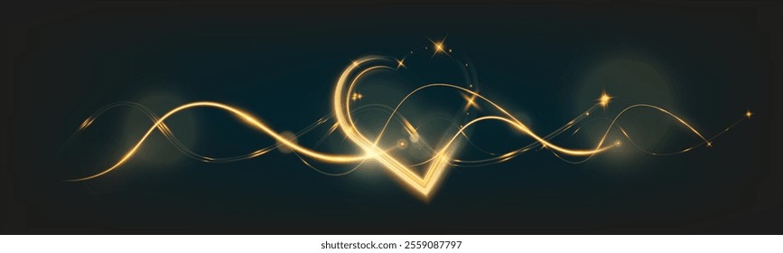 Golden glowing light trail forming a heart shape with sparkles and smooth curves on dark background, symbolizing love, romance, and celebration.