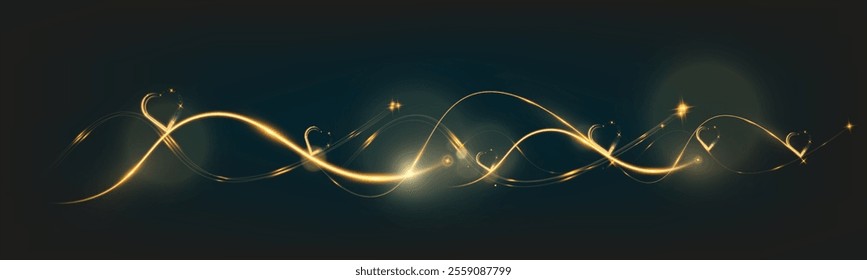 Golden glowing light trail forming a heart shape with sparkles and smooth curves on dark background, symbolizing love, romance, and celebration.