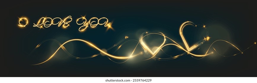 Golden glowing light trail forming a heart shape and elegant waves with sparkling stars on a dark background, accompanied by the words "I love you" in luminous cursive text.