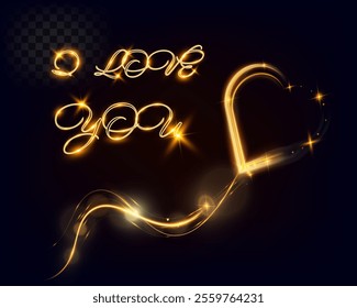 Golden glowing light trail forming a heart shape and elegant waves with sparkling stars on a dark background, accompanied by the words "I love you" in luminous cursive text.