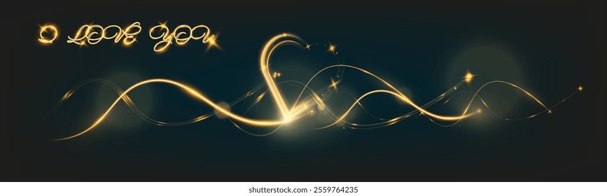 Golden glowing light trail forming a heart shape and elegant waves with sparkling stars on a dark background, accompanied by the words "I love you" in luminous cursive text.