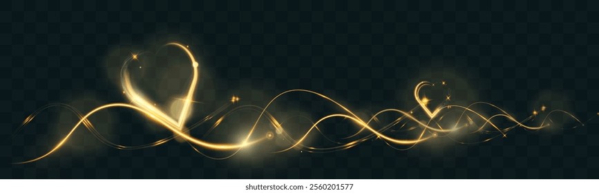 Golden glowing light trail forming a heart shape with sparkles and smooth curves on dark background, symbolizing love, romance, and celebration.