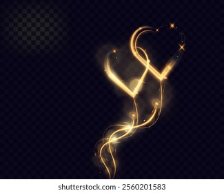 Golden glowing light trail forming a heart shape with sparkles and smooth curves on dark background, symbolizing love, romance, and celebration.