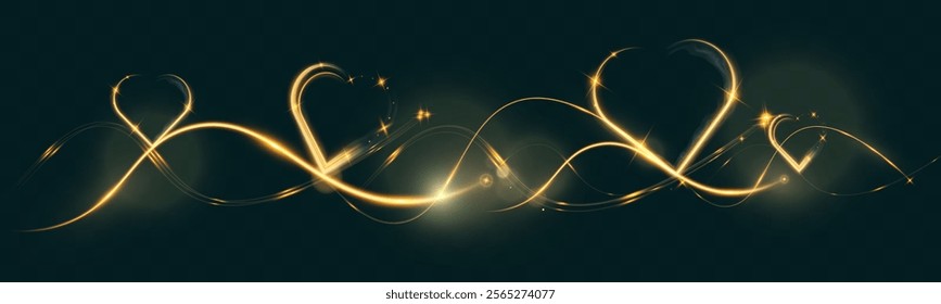 Golden glowing light trail forming a heart shape with sparkles and smooth curves on dark background, symbolizing love, romance, and celebration.