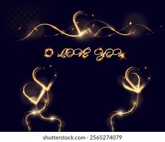 Golden glowing light trail forming a heart shape with sparkles and smooth curves on dark background, symbolizing love, romance, and celebration.