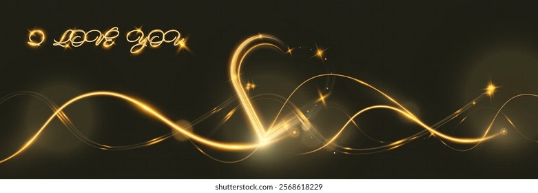 Golden glowing light trail forming a heart shape with sparkles and smooth curves on dark background, symbolizing love, romance, and celebration.