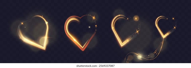 Golden glowing light trail forming a heart shape with sparkles and smooth curves on dark background, symbolizing love, romance, and celebration.