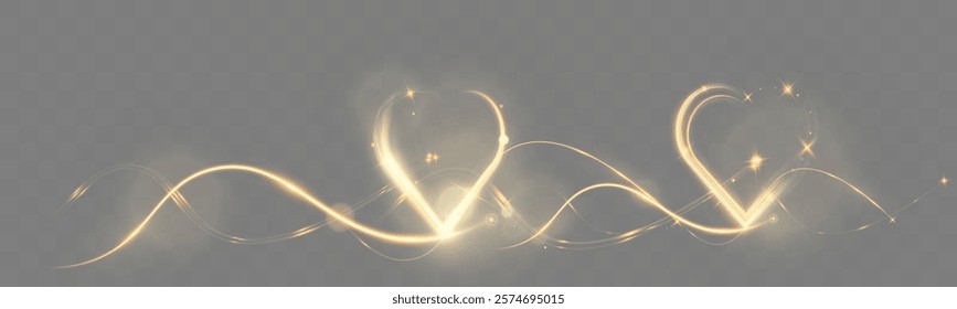 Golden glowing light trail forming a heart shape with sparkles and smooth curves  at background, symbolizing love, romance, and celebration.	