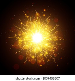 Golden glowing lights effects isolated on dark background, abstract magic energy Illustration