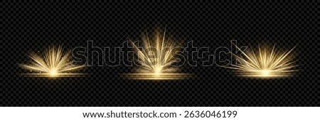 Golden glowing lights effects isolated on transparent background with light rays and sparks creating a magical atmosphere for any design project