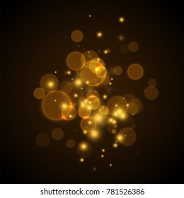 Golden glowing lights effects on black background, abstract magic Illustration. Graphic concept for your design