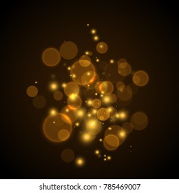 Golden glowing lights effects on black background, abstract magic Illustration. Graphic concept for your design