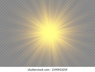 Golden glowing lights explodes on a transparent background. Yellow sparks sparkle with a special light. Transparent shining sun, bright flash. Gold star rays. Bright flashes. Vector illustration.