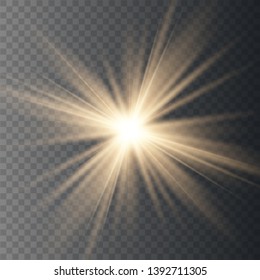 Golden glowing lights isolated on transparent background. Sun flash with rays and spotlight. Glow light effect. Star burst with sparkles. Vector illustration eps 10.