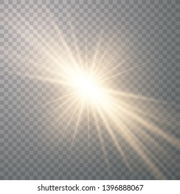 Golden glowing lights isolated on transparent background. Sun flash with rays and spotlight. Glow light effect. Star burst with sparkles. Vector illustration eps 10.