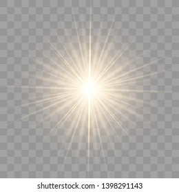 Golden glowing lights isolated on transparent background. Sun flash with rays and spotlight. Glow light effect. Star burst with sparkles. Vector illustration eps 10.