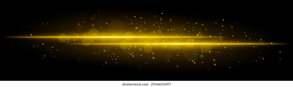 Golden glowing line beam. Horizontal light beam with sparkling particles, radiant golden glow, abstract illumination, decorative lighting effect, warm and vibrant design