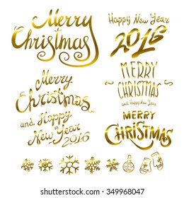 golden glowing Merry Christmas and happy New Year 2016 lettering collection. Vector illustration set  art
